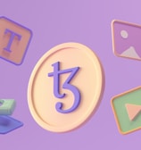A 3D illustration featuring a large coin with a stylized symbol in the center surrounded by various floating icons. These include a letter T on a square background, an image icon, a play button, and a virtual reality headset. The background is a soft purple hue.