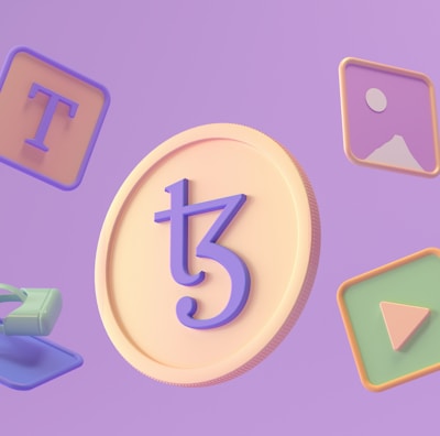 A 3D illustration featuring a large coin with a stylized symbol in the center surrounded by various floating icons. These include a letter T on a square background, an image icon, a play button, and a virtual reality headset. The background is a soft purple hue.